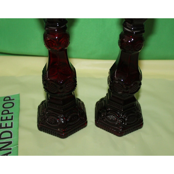Ruby Red Glass Avon Cape Cod 1876 Pair Of Charisma Cologne Candlesticks Empty - Picture 15 of 16